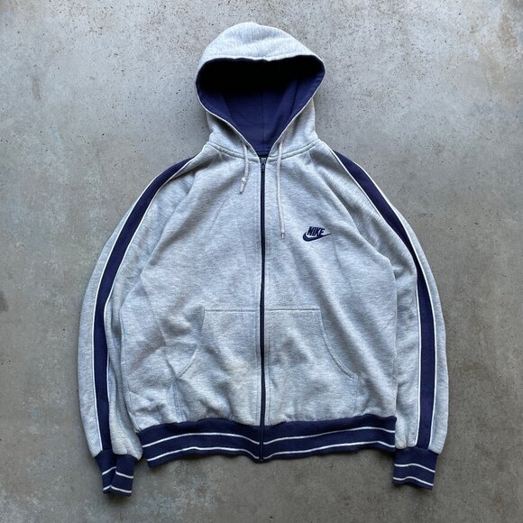 Vintage 1980’s Nike Gray Zip-up Hoodie Sweatshirt Striped Men’s L Retro Sporty - Picture 1 of 5